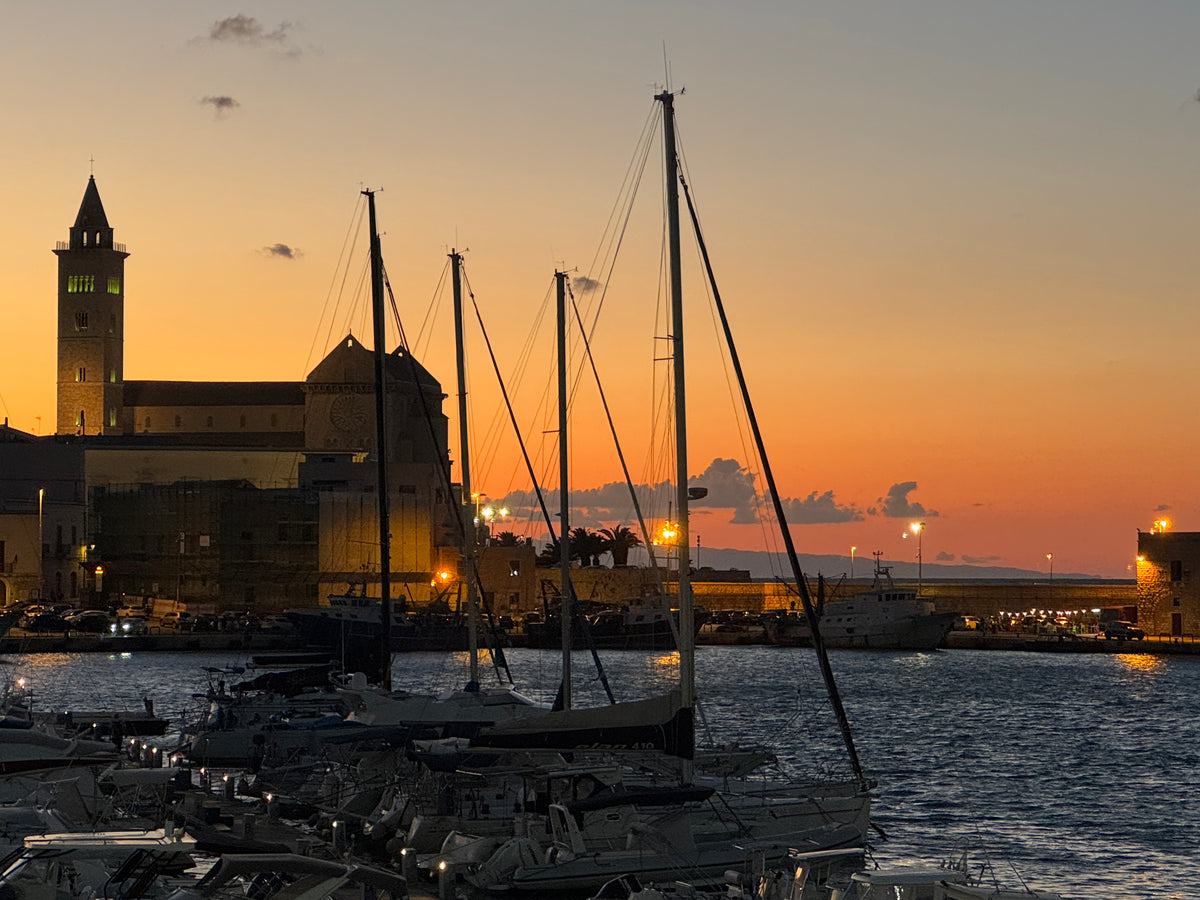 Trani harbour and cathedral at sunset